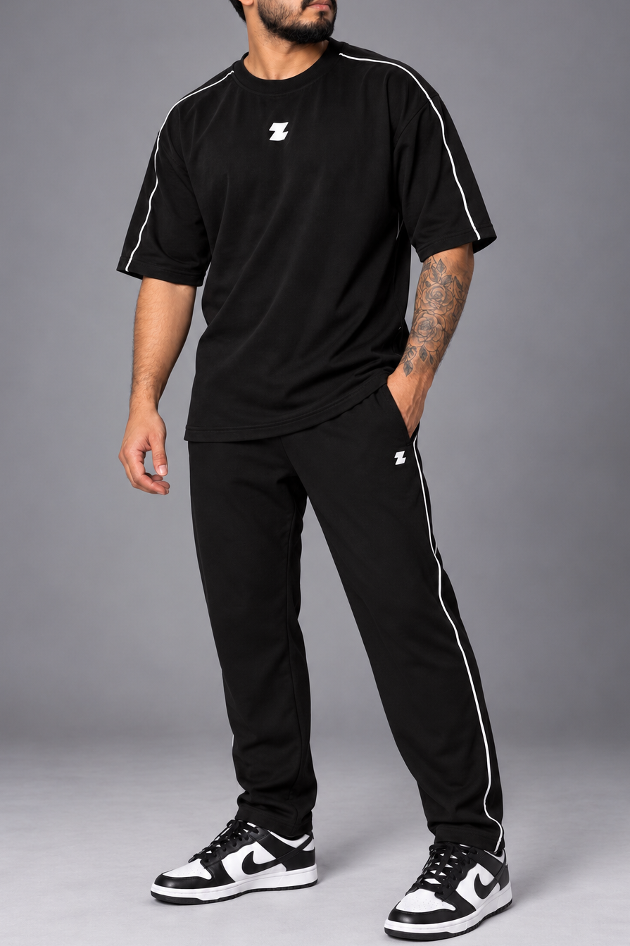 ZOR Black Piping Training T-Shirt & Lower Set