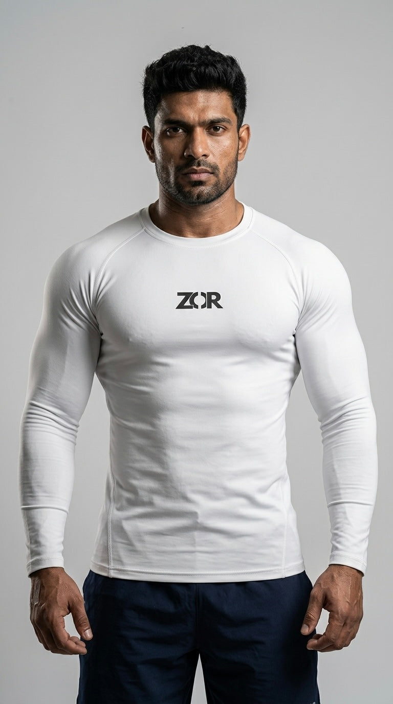 ZOR White Full-Sleeve Compression Tee for Gym Training