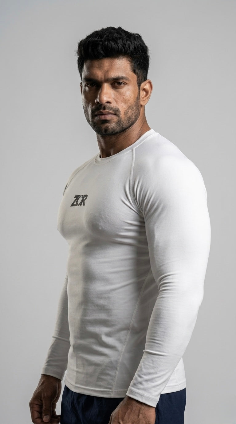 ZOR White Full-Sleeve Compression Tee for Gym Training