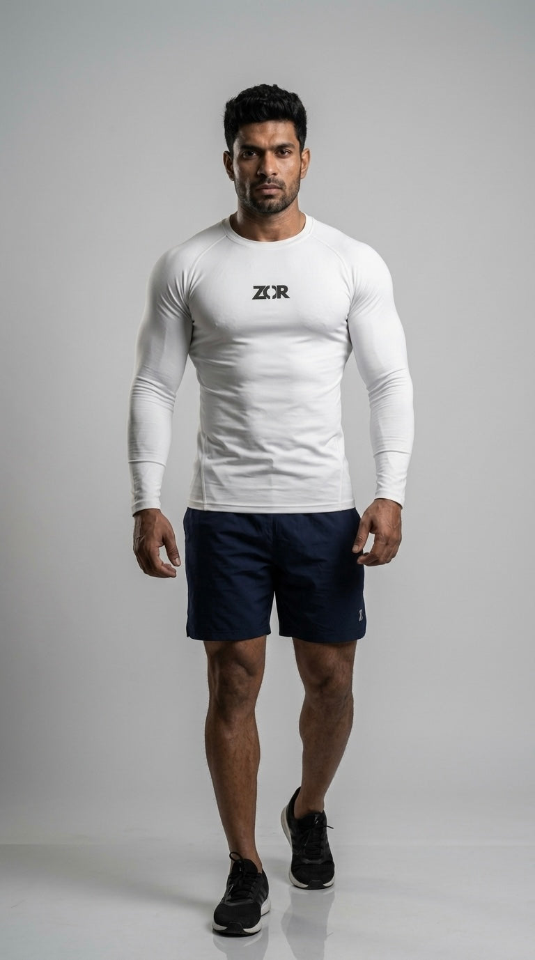 ZOR White Full-Sleeve Compression Tee for Gym Training