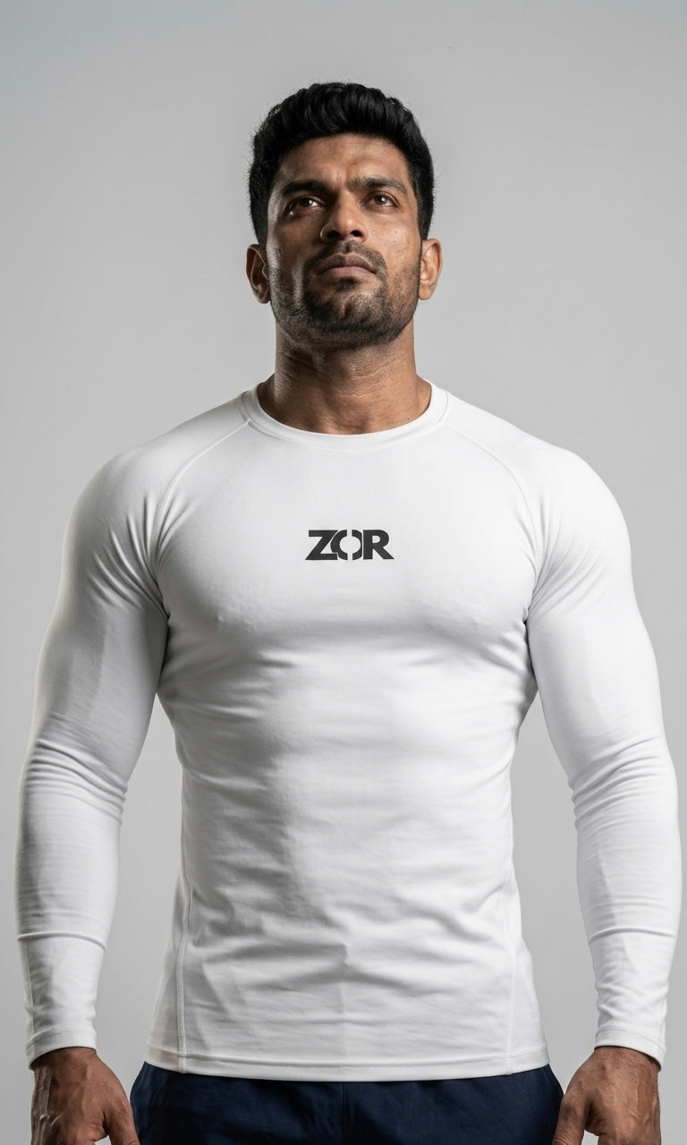 ZOR White Full-Sleeve Compression Tee for Gym Training