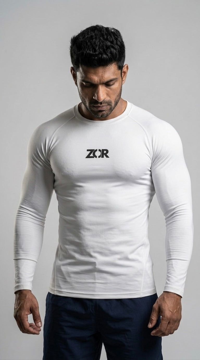 ZOR White Full-Sleeve Compression Tee for Gym Training