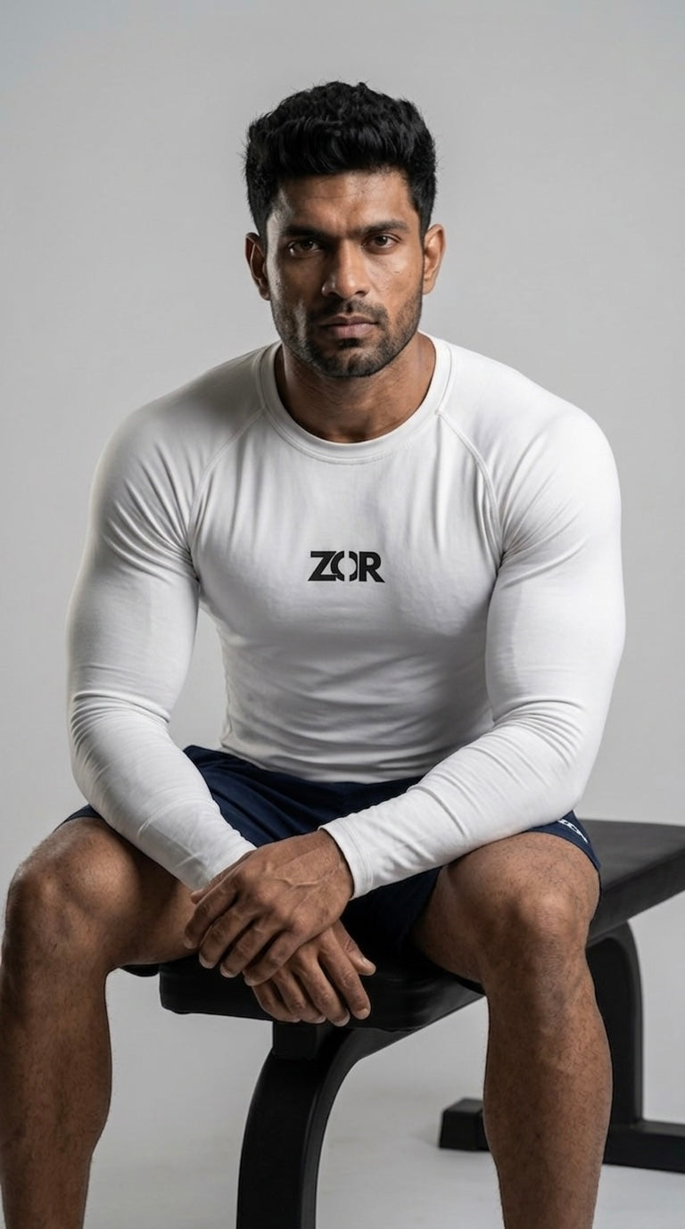 ZOR White Full-Sleeve Compression Tee for Gym Training