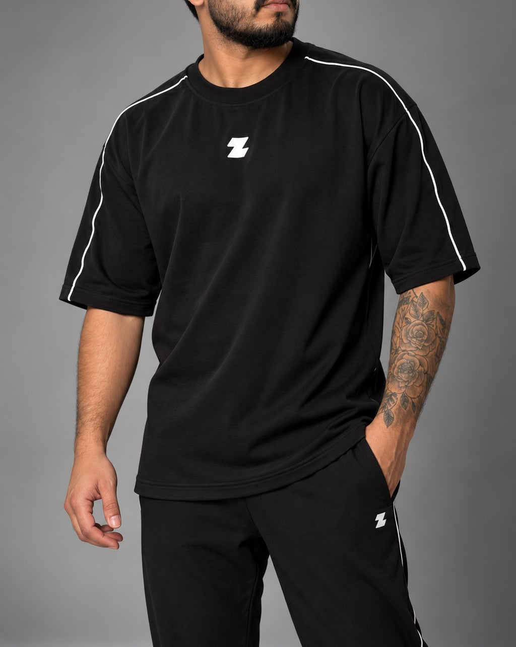 ZOR Black Piping Training T-Shirt & Lower Set